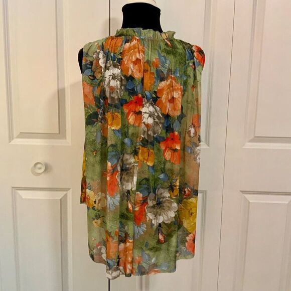Anthropologie Deletta Multi Color Floral High Ruffle Neck Sleeveless Top Medium - Picture 6 of 11